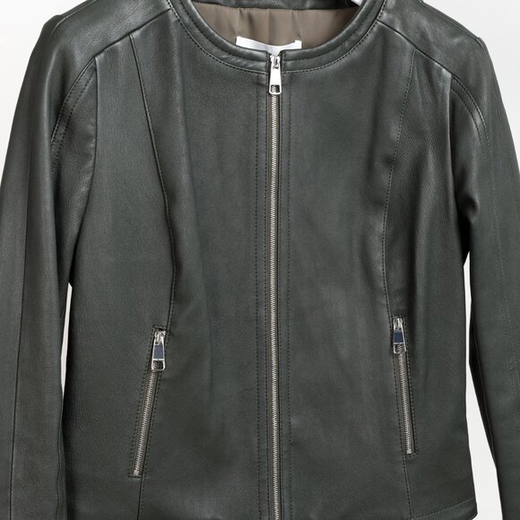 Hugo Boss Grey Green Leather Moto Jacket - Picture 3 of 13